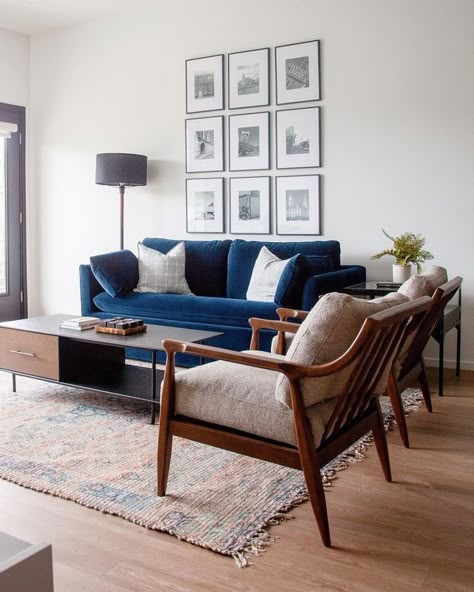 Living Room Blue Sofa, Nashville Airbnb, Blue Sofa Living, Blue Couch Living, Blue Sofas Living Room, Blue Couch Living Room, Blue Sofas, Blue Couch, Living Room Blue