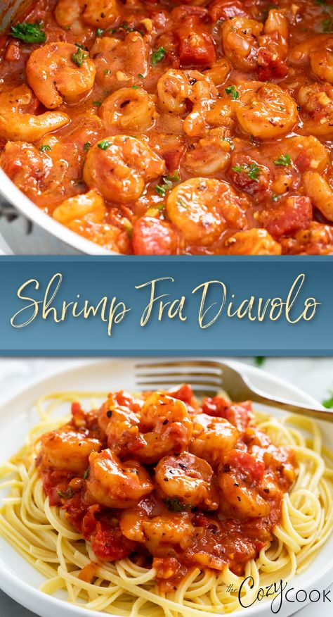 shrimp fra diavolo Fra Diavolo Sauce Recipe, Seafood Fra Diavolo Recipe, Seafood Fra Diavolo, Fra Diavolo Recipe, Chunky Tomato Sauce, Diavolo Sauce, Shrimp Fra Diavolo, Cozy Cook, Fra Diavolo