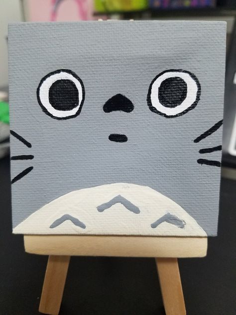 Totoro Painting Easy, Easy Painting With Black Background, Totoro Acrylic Painting, Easy Anime Painting Ideas On Canvas, Easy Animal Paintings For Beginners, Cute Cartoon Paintings Easy, Sanrio Painting Canvas, Mini Canvas Art Easy Cute Aesthetic, Canvas Painting Ideas Cute