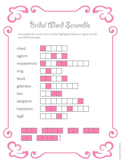 A bridal shower word search ready for you to print and use at your party.  Find the secret marriage message after unscrambling the wedding words. Bachelorrete Ideas, Bridal Shower Prizes For Guests, Bridal Shower Word Scramble, Bridal Shower Prizes, Baby Remedies, Wedding Games For Guests, Bridal Party Tables, Shower Prizes, Fun Bridal Shower Games