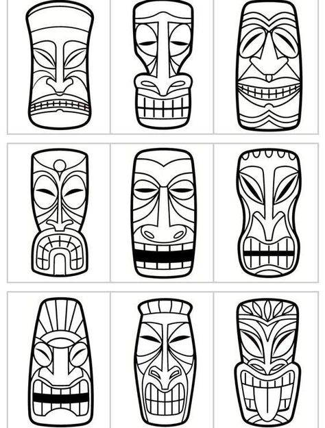 Tiki Crafts For Kids, Tiki Faces Template, Tiki Coloring Pages, Mascaras Tiki, Totem Tiki, Totem Pole Art, Tiki Masks, Tiki Faces, Tiki Head