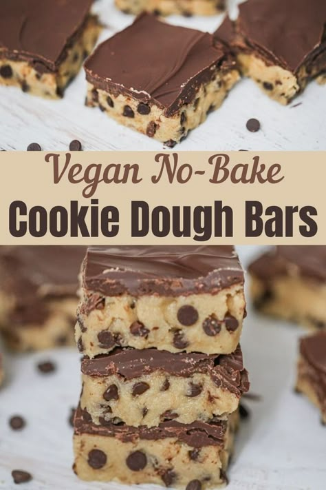 Vegan Cookie Dough Bars with Chocolate Ganache - No-Bake! No Baking required for this amazingly indulgent vegan treat. It's a chocolate overload that will comfort any dessert cravings! Super quick and easy recipe too! #vegancookiedough #vegancookiebars #cookiedoughbars #vegandessertbars #quickvegandessert No Bake Cookie Dough Bars, Chocolate Peanut Butter Ganache, Quick Vegan Desserts, Vegan Chocolate Chip Cookie Dough, Vegan No Bake Cookies, Peanut Butter Ganache, Chocolate Chip Cookie Dough Bars, Chocolate Covered Cookie Dough, Butter Ganache