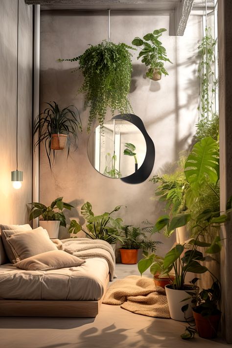 Modern Plant Interior Design, Urban Jungle Living Room, Round Mirror Living Room, Plant Mirror, Big Mirror In Bedroom, Urban Jungle Bedroom, Plant Aesthetics, Urban Jungle Interior, Jungle Bedroom