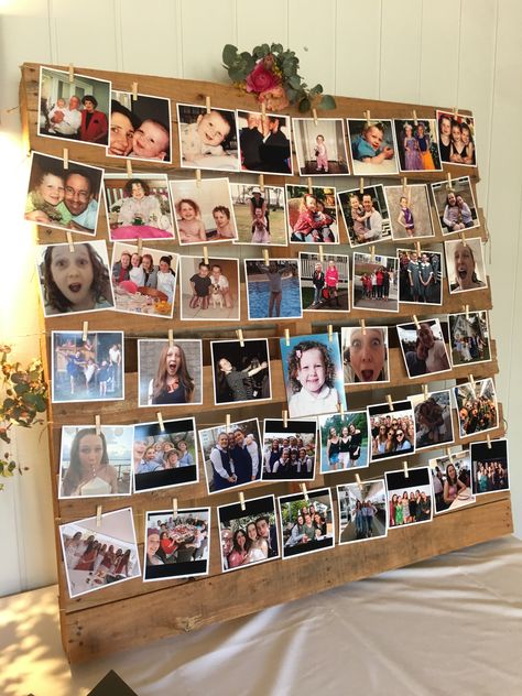 Cheap Graduation Party Ideas, Graduation Picture Display, Graduation Picture Boards, Graduation Party Picture Display, Birthday Photo Displays, Engagement Party Table, Photo Display Board, Graduation Party Pictures, Collage Party