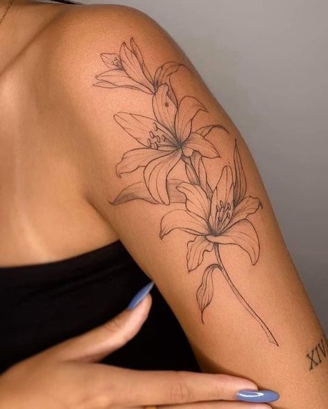 Lily Tattoos For Women Back, Tiger Lily Shoulder Tattoo, Spine Tattoos Cover Up, Orchid Arm Tattoo, Lily Shoulder Tattoos For Women, Female Forearm Tattoo Ideas Half Sleeves, Arm Shoulder Tattoos For Women, Flower And Leaves Tattoo, Flower Arm Tattoos For Women