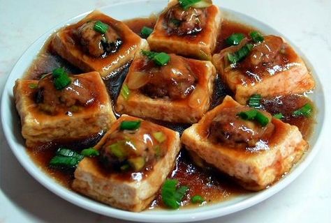 Chinese-Style Pan-Fried Stuffed Tofu With Oyster Sauce - Foodista.com Stuffed Tofu, Cooking Tofu, Chinese Cooking Recipes, Tofu Dishes, Malaysian Food, Fried Tofu, Minced Meat, Chinese Dishes, Chinese Cooking