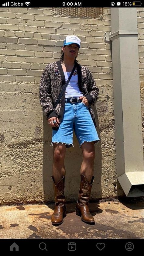 Coachella Men Outfit Ideas, Cowboy Boots With Shorts Men, Styling Cowboy Boots Men, Men’s Cowboy Boots Outfit, Cowboy Boot Outfits Mens, Cowboy Boots Outfit Mens, Hipster Cowboy, Cowboy Outfit Men, Shorts And Cowboy Boots Outfit