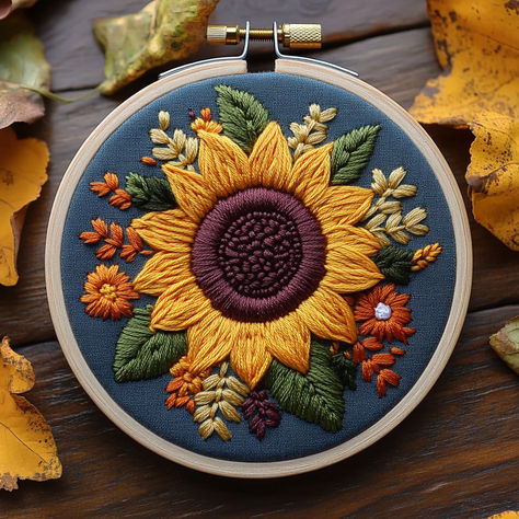 Brighten your home with this Sunflower Hand Embroidery Pattern! 🌞 This vibrant design is perfect for nature lovers and embroidery enthusiasts of all levels. Create stunning hoop art featuring a large sunflower surrounded by smaller blooms and leaves. 🪡 Instantly downloadable, this pattern makes embroidery stitching fun and easy. Let’s stitch and bring this beautiful sunflower to life! #EmbroideryPattern #SunflowerDesign #DIYCrafts #HandEmbroidery #HomeDecor Sunflower Embroidery Pattern Free, Embroidered Sunflowers Diy, Embroidered Sunflowers, Embroidery Sunflower Easy, Sun Embroidery, Sunflower Stitch Embroidery, Sunflower Embroidery, Sunflower Leaf Embroidery, Half Sunflower Embroidery Pattern