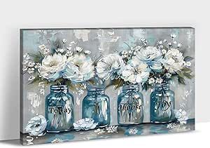 Farmhouse Bathroom Blue, Flowers Painting Canvas, Blue Flowers Painting, Bathroom Flowers, Pictures Wall Decor, Bathroom Blue, Farmhouse Theme, Bathroom Wall Decor Art, Blue Flower Painting