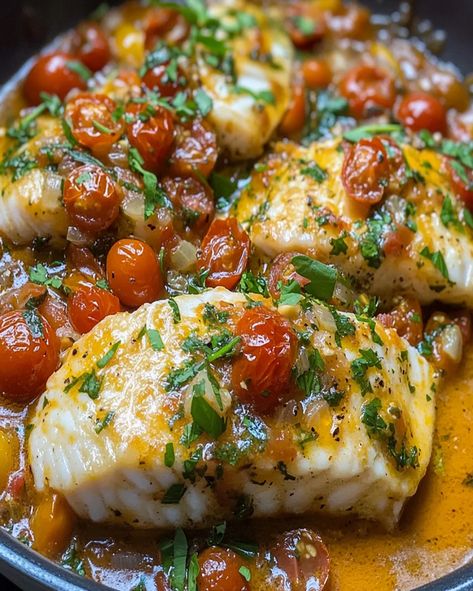 Try this quick and healthy Cod in Tomato Lemon Butter Sauce. Ready in just 30 minutes with fresh herbs, juicy tomatoes, and a zesty lemon Tomato Cod Baked Fish, One Pan Roasted Fish With Cherry Tomatoes, White Fish And Tomatoes, Baked Cod With Tomatoes And Feta, Cod In Tomato Lemon Butter Sauce, One Pan Cod And Veggies, Cod With Cherry Tomatoes, Fish With Tomatoes Recipes, Cod And Tomatoes Recipes