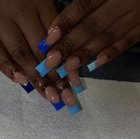 Blue Arclyc Nail Ideas, Blue Nails Ideas Black Women, Cute Blue Square Nails, Cute Short Acrylic Nails Square Blue, Different Shades Of Blue Nails French Tip, Blue Acrylic Nails Black Women, Blue Nail Ideas Acrylic Square, Blue And White Acrylic Nails Design, Short Nail Set Blue