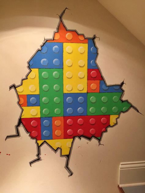 Hand painted mural - Lego brick wall Lego Wall Painting Ideas, Lego Painted Wall, Lego Wall Mural, Lego Brick Drawing, Lego Brick Wall, Lego Mural, Diy Lego Wall, Lego Interior Design, Lego Classroom Theme