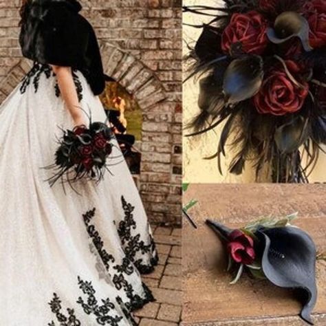 Moody Bouquet, Bouquet Calla Lily, Dahlia Wedding Bouquets, Black Calla Lily, Goth Bride, Wood Roses, Black Bouquet, Everlasting Bouquet, Dahlias Wedding