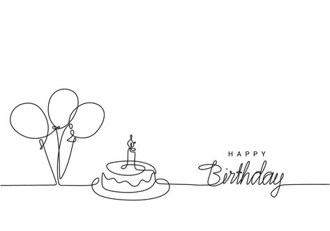 Drawing Ideas Happy Birthday, Happy Birthday Line Art, Line Art Birthday Card, Birthday Line Art, Birthday Symbols, My Birthday Drawing, Birthday Balloon Drawing, Happy Symbol, Cake Line Drawing