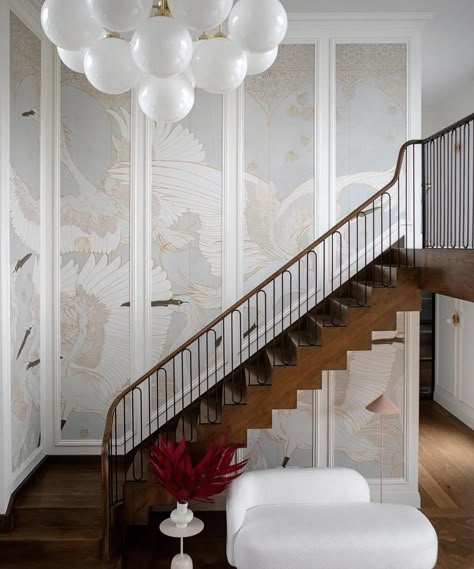 Entry Way Wallpaper, Make An Entryway, Modern Vintage Interior, Modern Vintage Interior Design, Way Wallpaper, Dublin House, Staircase Wall Decor, Staircase Wall, Velvet Upholstered Bed