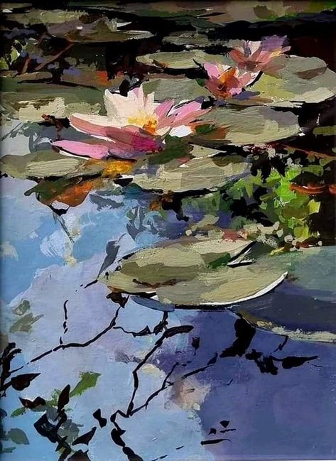 Lotus Flowers Paintings, Waterlilies Paintings, Minimal Tattoo Ideas, Water Lilies Art, Water Lilies Painting, Pond Painting, Water Lily Pond, Lily Painting, Abstract Flower Painting