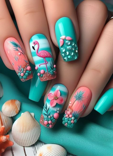 Ready for summer? Discover the hottest beach nail trends that are super cute and on point! Get inspired and nail your summer look. Nail Design Gold, Flamingo Nails, Tropical Nails, Colorful Nail Art, Colorful Nail, Fancy Nails Designs, Purple Nail, Vacation Nails, Jordans Women