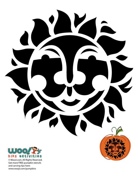 Smiling Sun Pumpkin Carving Pattern | Woo! Jr. Kids Activities : Children's Publishing Sun And Moon Pumpkin Carving, Sun Pumpkin Carving, Moon Pumpkin Carving, Pumpkin Carving Pattern, Moon Pumpkin, Pumpkin Stencils Free, Pumpkin Carving Stencils Free, Pumpkin Carving Stencils, Carving Stencils