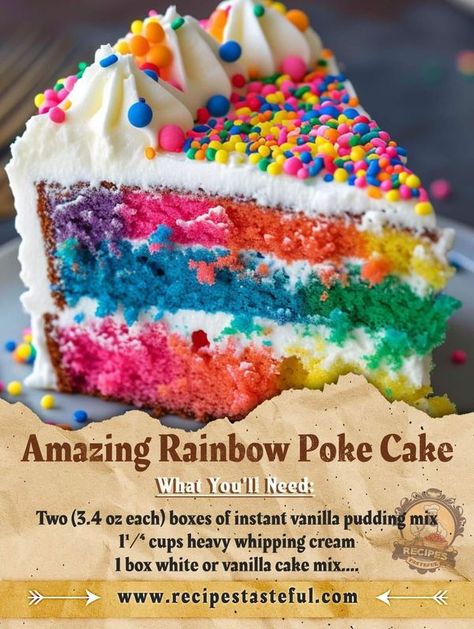 Paula Deen kitchen | 🌈 Amazing Rainbow Poke Cake 🎂 | Facebook Rainbow Poke Cake, Vanilla Cake Mixes, Poke Cake, Paula Deen, Beef Recipes Easy, Rainbow Cake, Cake Ingredients, Recipes Easy, Vanilla Cake