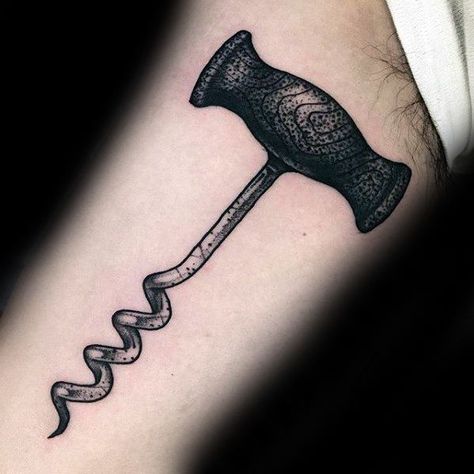 50 Wine Tattoo Designs For Men - Vino Ink Ideas Wine Cork Tattoo, Wine Opener Tattoo, Corkscrew Tattoo, Wine Tattoo Ideas, Wine Tattoos, Bartender Tattoo, Katy Perry Tattoos, Bar Tattoo, Wine Glass Tattoo