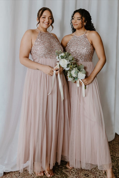 Sparkle Bridesmaid Dress, Rose Gold Bridesmaid, Maxi Bridesmaid Dresses, Pink Maxi, Invisible Zip, Summer Winter, Fitted Bodice, Halter Neck, Evening Wear