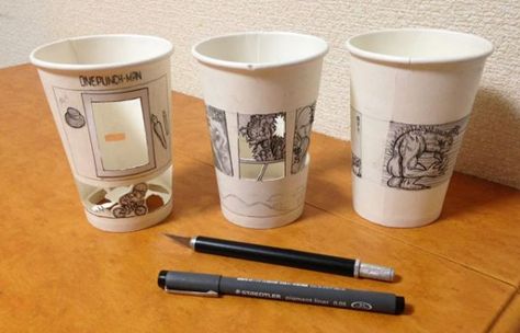 Cool Anime Inspired Cartoon Art Drawn On Paper Cups - Neatorama Coffee Cup Crafts, Paper Cup Crafts, Cartoon Art Drawing, Coffee Cup Art, Paper Coffee Cup, Trash Art, Cool Paper Crafts, Cup Crafts, Paper Crafts Card