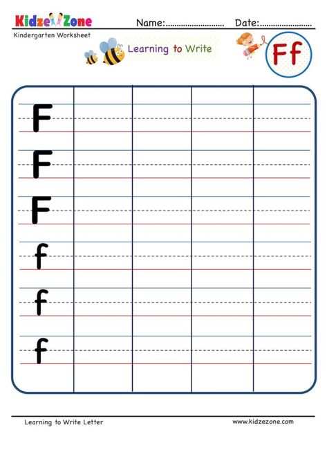 Kindergarten Letter F Writing Worksheet - KidzeZone Letter Writing Kindergarten, Writing Strokes, Letter N Worksheet, Letter P Worksheets, Letter B Worksheets, Alphabet Letter Worksheets, Alphabet Worksheets Kindergarten, Coloring Worksheet, Kindergarten Letters