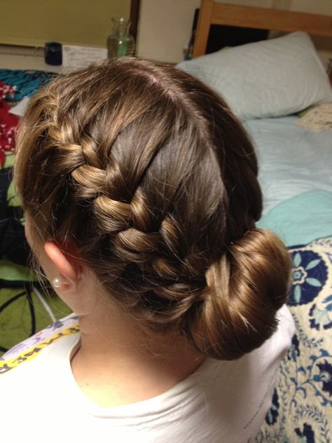 Double french braid into a ballerina bun :) @Emily Palmer Bun Ballet, Double French Braid, Ballet Buns, French Braid Buns, Twisted Bun, Double French Braids, Medium Hair Braids, Fancy Braids, Ballet Bun