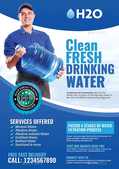 Watery Delivery Services Flyer Preview - GraphicRiver Water Purifier Design, Save Water Poster, Water Delivery Service, Water Bottle Label Design, Juice Bar Design, Natural Mineral Water, Water Station, Water Company, Startup Business Plan