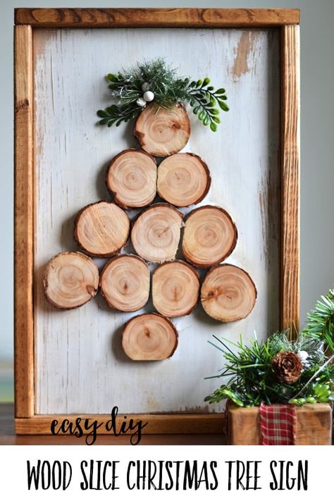 How to Make a Wood Slice Christmas Tree Sign | Add some farmhouse style to your decor - or make this easy project as a gift. Click to find all the steps and details. #christmas #homemadechristmas #modernfarmhouse #crafts #harbourbreezehome Wood Slice Tree, Wood Slice Christmas Tree, Wooden Christmas Crafts To Sell, Christmas Wood Projects, Easy Wood Crafts, Winter Wood Crafts, Diy Farmhouse Decoration, Christmas Tree Sign, Wood Slice Decor