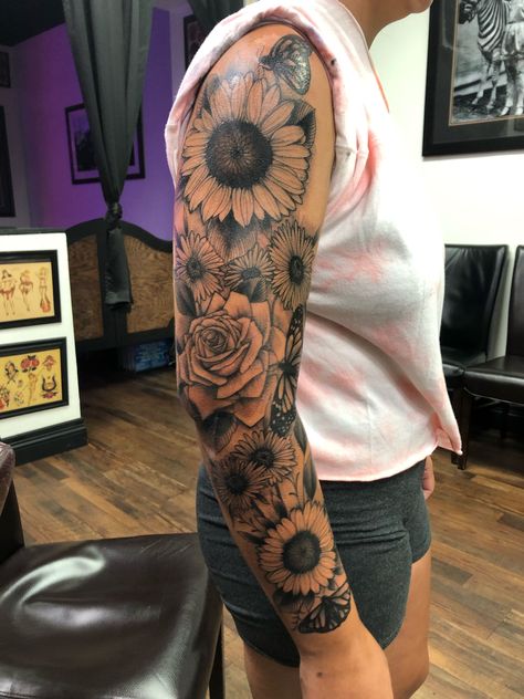 Full Sleeve Sunflower Tattoos Women, Sunflower Rose Tattoo Sleeve, Sunflower And Rose Sleeve Tattoo, Sunflower Shoulder Cap Tattoos For Women, Sunflower Arm Sleeve Tattoo, Sunflower Mandala Tattoo Sleeve, Mens Sunflower Tattoo, Big Sunflower Tattoo, Sunflower Sleeve Tattoos For Women