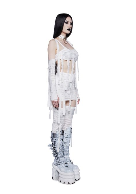 it's all grave-y. This unraveling mummy costume includes strapless crop top, bodycon mini skirt, arm warmers, and thigh high stockings. Mummy Women Costume, Cute Monster Halloween Costumes, Mummy Costume Makeup, The Mummy Costumes, Mummy Halloween Costume Women, Womens Mummy Costume, Diy Mummy Costume For Women, Mummies Costume, Cute Cosplay Ideas