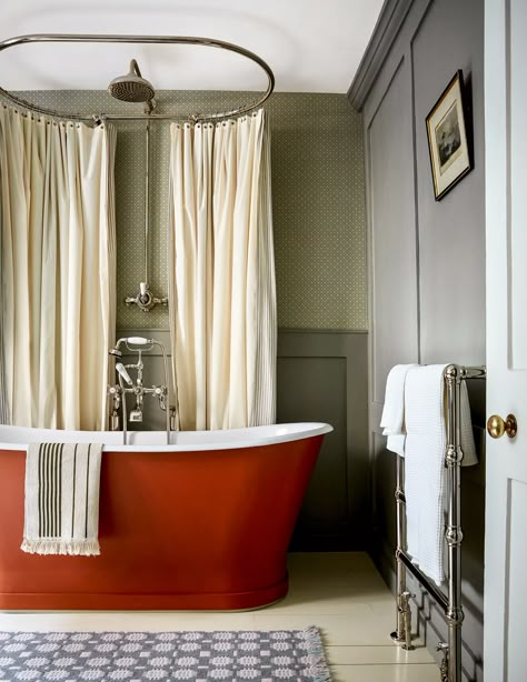 Color Combo to Try: Red   Green Baths With Shower Curtains, Bath With Curtain, Over Bath Shower Ideas, Bath With Shower Over, Colour Bathroom Ideas, Bath With Shower Curtain, Baths With Showers, Bath Curtain Ideas, Shower Over Bath Ideas