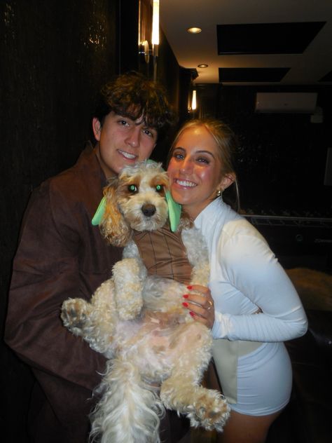 Couples costume, Padme and Anakin, movie inspired halloween costume, unique couples costume, crative halloween costume, halloween costume, cute, dog costume, puppy costume Couples And Dog Costumes, Couples Halloween Costumes With Dog, Dog And Girl Halloween Costumes, Couple Costume With Dog, Couples Halloween Costume With Dog, Couple And Dog Halloween Costumes, Unique Couples Costumes, Creepy Halloween Costumes, Puppy Costume