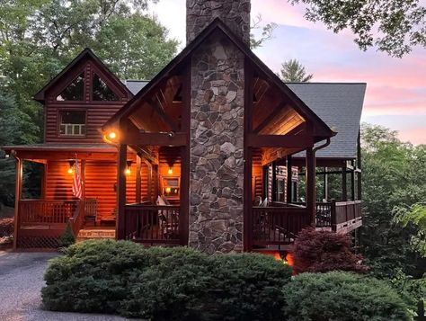 Cabin at dusk surrounded by trees with a cotton candy sky in the background Log Cabins For Sale, Blue Ridge Georgia, Blue Ridge Ga, Bed And Breakfast Inn, Mountain Homes, Mountain Cabin, Mountain Home, Blue Ridge Mountains, Blue Ridge