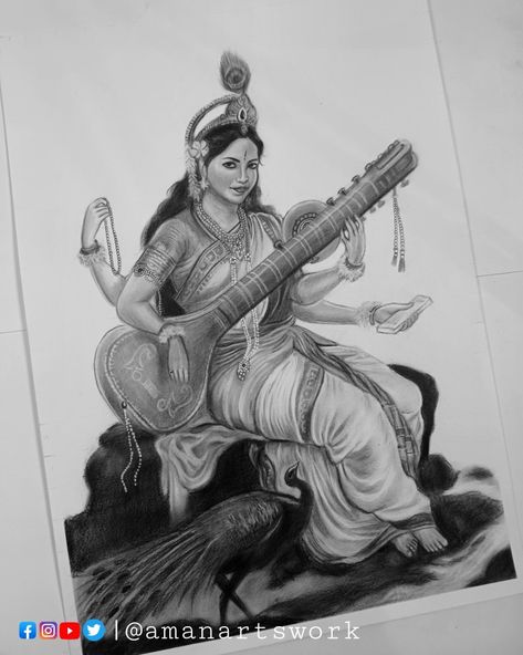 How to draw Saraswati ma realistic drawing with Graphite pencil Sarswati Maa Drawings, Saraswati Devi Drawing, Maa Saraswati Drawing, Saraswati Drawing, Ma Saraswati, Drawing Shading, Maa Saraswati, Dog Drawing Simple, Sketch Images