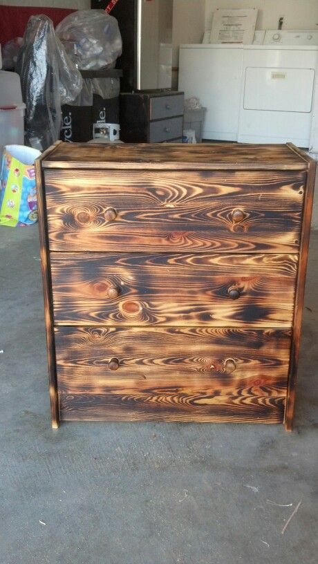 Burnt wood goodness Wood Burned Dresser, Fall Wood Projects, Flipped Furniture, Burnt Wood Finish, Country House Ideas, Torch Wood, Sam Wood, Repurposed Dresser, Blow Torch