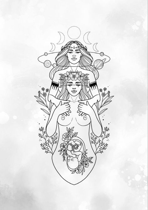 Birth Worker Tattoo, Pregnant Goddess Tattoo, Black Doula Art, Doula Tattoo, Midwifery Tattoo, Midwife Tattoo, Birth Goddess, Fertility Art, Midwife Art