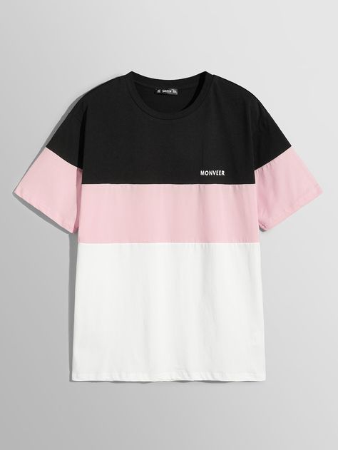 Men Letter Front Color Block Tee -SheIn(Sheinside) Shein T Shirts, Cool T Shirts For Men, Color Block Tshirt, Shirts Shein, Big Shirts, Striped Tshirt Men, Shein Men, Trendy Shirt Designs, Color Block Tee