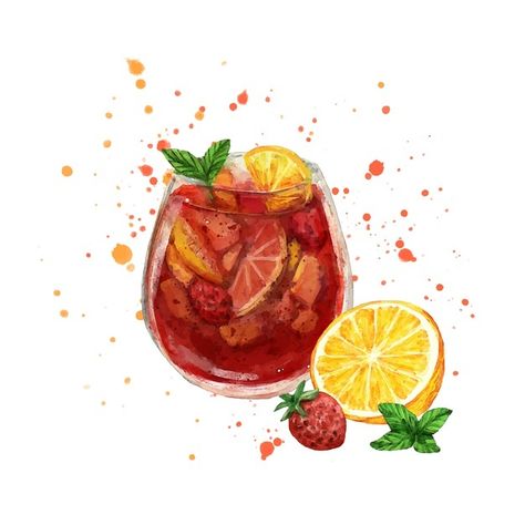 Sangria Watercolor, Sangria Punch, Sangria Drink, Sangria Pitcher, Watercolor Stamps, Fresh Drinks, Water Art, Sangria