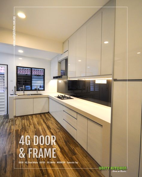 4G Glass Door & Frame by Unity Kitchen Sdn Bhd.  #KitchenCabinet #4GDoor #Melamine  #Modern #AllWhite #Minimal #WoodFloor 4g Kitchen Cabinet, Glass Kitchen Cabinet, Glass Kitchen Cabinets, Living Hall, Dining Room Cabinet, Glass Kitchen, Tv Cabinets, Door Frame, Small Kitchen