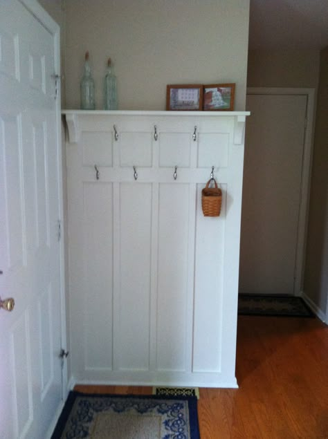 Behind the front door coat rack. Utilize every nook and cranny! Saw this on an earlier pin and had to try. Thanks to who ever pinned this! Drop Zone In Kitchen Small Spaces, Behind Front Door, Rustic Coat Rack, Basement Plans, Small Basements, Drop Zone, Basement Makeover, Basement Renovations, Entryway Ideas