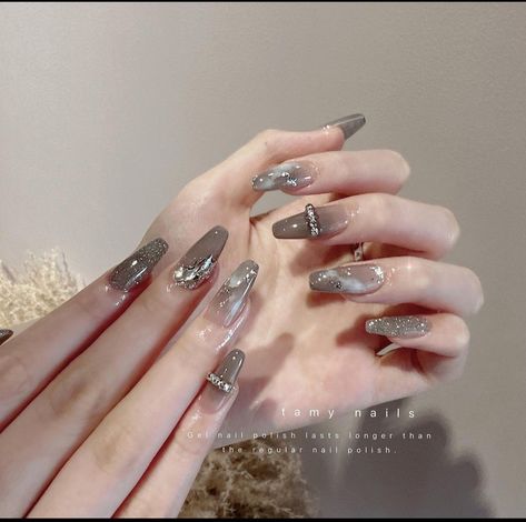 Gray Korean Nails, Grey Korean Nails, Cloud Nails, Usa Nails, China Nails, 3d Nail Art Designs, 3d Flower Nails, Korean Nail Art, Art Deco Nails