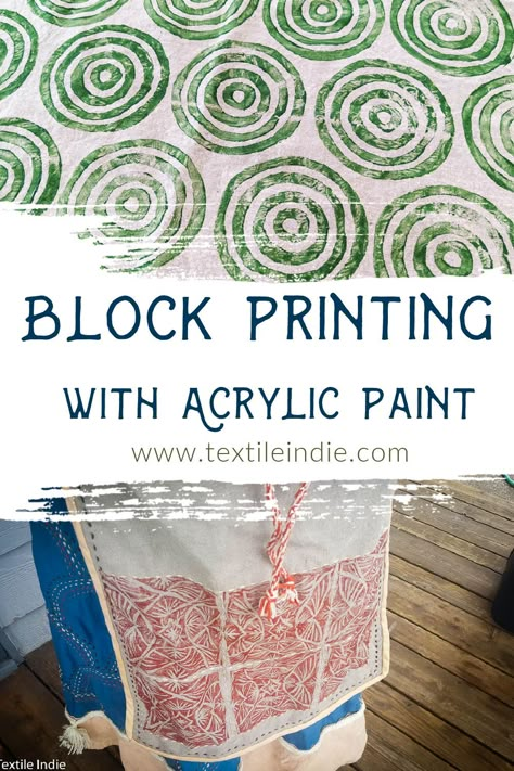 Block printing with acrylic paint is a method of printing on fabric or paper using a block of linoleum or rubber with a design carved into the surface. Block Printing On Fabric Diy, Block Printing On Paper, Diy Fabric Stamping, Block Prints Ideas, Lino Block Printing On Fabric, Diy Fabric Printing, Dye Fabric With Acrylic Paint, Block Printing Fabric Handmade Stamps, Stamps On Fabric