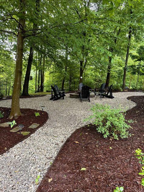 Woodchip Backyard Ideas, Fun Backyard Landscaping Ideas, Firepits In The Woods, Forest Landscaping Ideas Woods, Woods Backyard Landscape, Wooded Yard Ideas, Wooded Gardens Backyards, Adirondack Landscaping, Simple Cabin Landscaping