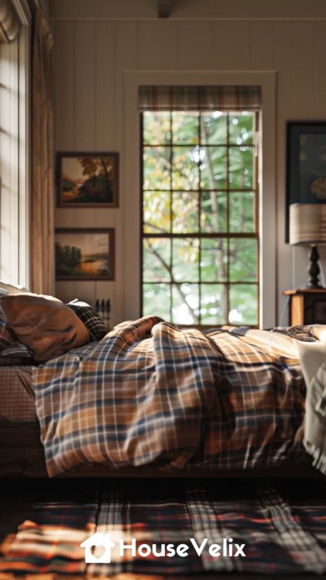 Plaid Bedding Plaid Bedding Aesthetic, Western Themed Bedroom, Western Bedroom Ideas, Cabin Basement, Plaid Bedroom, Plaid Bed, Western Bedrooms, English Estate, Western Bedroom Decor