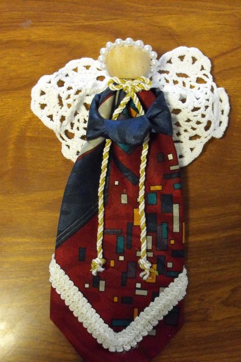 When we lose someone we love, most of us like to have a small remembrance of them to keep around where we can see it and.....remember them. ... Necktie Angels, Tie Angels, Neck Tie Projects, Neck Tie Crafts, Diy Necktie Projects, Ties Crafts, Angel Ornaments Diy, Mens Ties Crafts, Necktie Projects