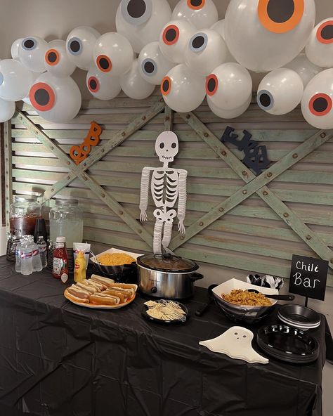 Halloween Party Chilli Bar, Spooky First Birthday Ideas, Halloween Chili Bar Party, Halloween Chili Bar, Chili Bar Party, Halloween Chili, Neighborhood Halloween, Chili Bar, Halloween 1st Birthdays