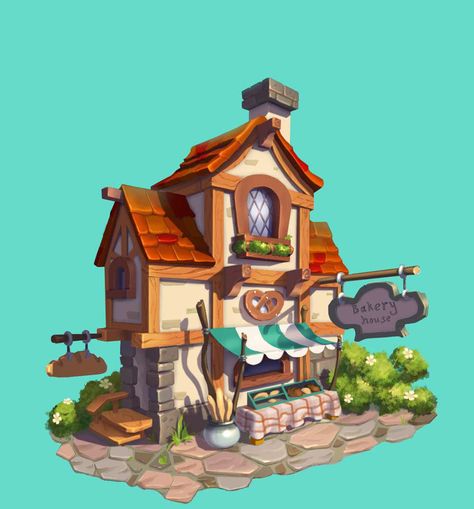 Bakery House on Behance Fantasy Bakery, Bakery Building, Bakery House, Simple Cottage, Cute Bakery, Fantasy Shop, Cartoon House, Vintage House Plans, Props Art