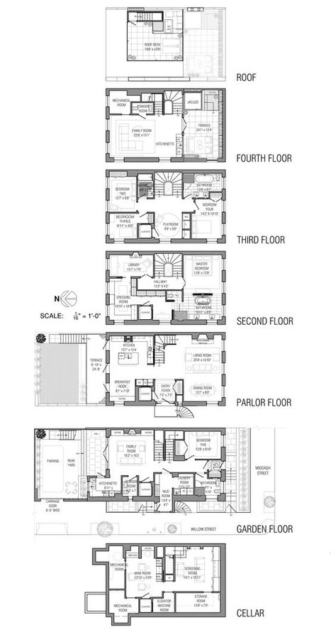 Townhouse / mansion at 15 Willow in Brooklyn Heights, designed by Studio DB Paris Apartment Staircase, European Apartment Floor Plans, Brownstone Floor Plan Brooklyn, Brownstone Layout, Brownstone Floor Plan, Townhouse Floor Plan, Townhouse Floor Plans, Exterior Plants, Exterior Backyard